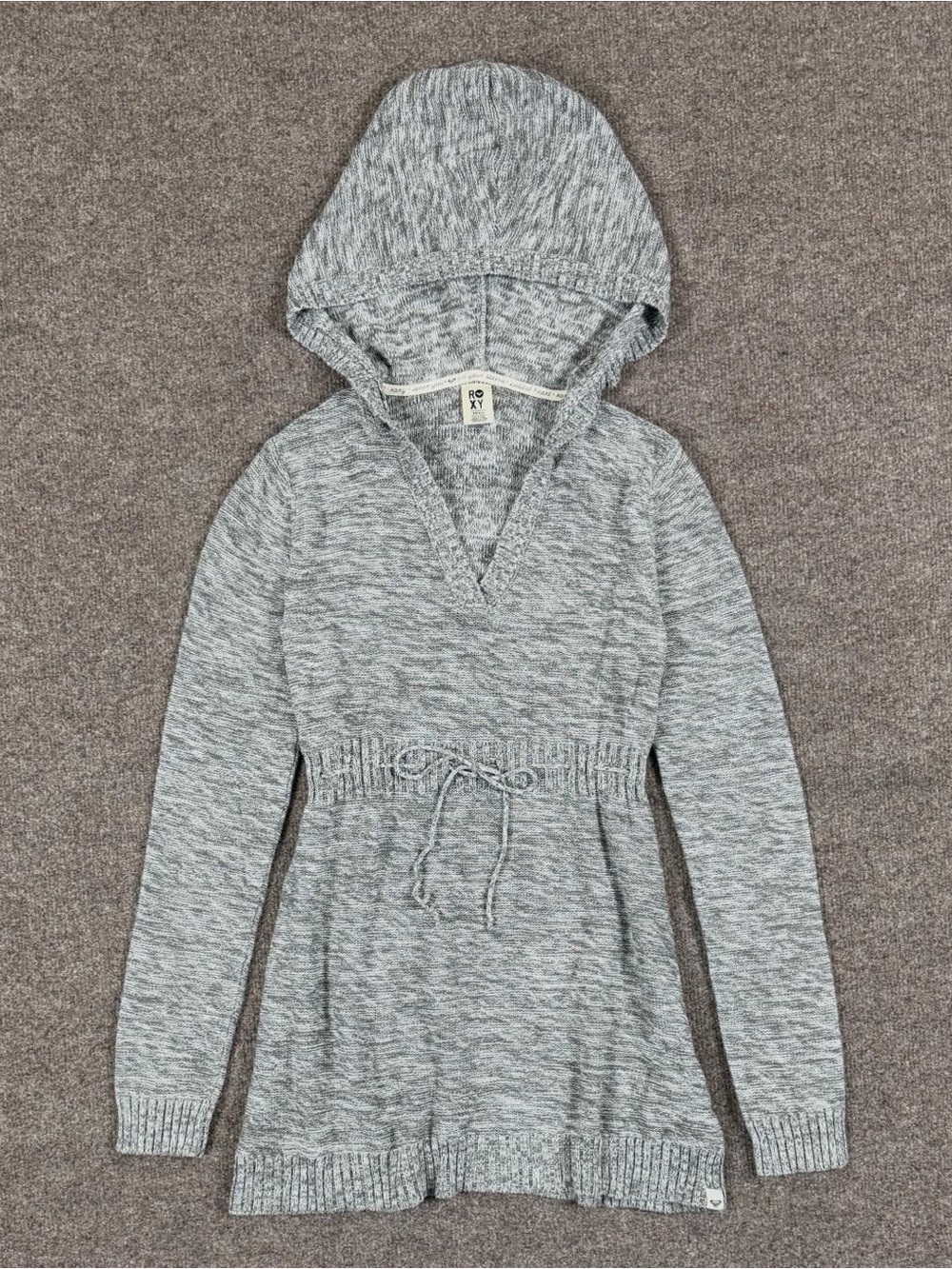 Y2K Roxy Heather Grey Hooded Lightweight Sweater Women’s Small Drawstring Waist